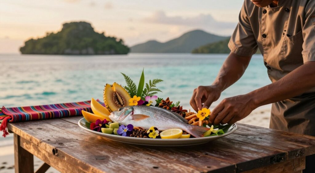A beautifully arranged fusion dish that showcases the vibrant culinary influences of Raja Ampat, featuring local ingredients like fresh fish, tropical fruits, and aromatic spices. In the foreground, a skilled chef in modest, professional attire carefully plates the dish, adding colorful edible flowers and herbs for garnish. The middle ground captures a rustic wooden table adorned with traditional woven textiles, complementing the dish. In the background, a soft focus view of Raja Ampat’s stunning islands and turquoise waters, bathed in warm, golden sunset lighting, enhances the tropical atmosphere. The image should evoke a sense of cultural richness and culinary artistry, highlighting the blend of local flavors with influences from various regions, all in a realistic photojournalism style akin to National Geographic quality. A beautifully arranged fusion dish that showcases the vibrant culinary influences of Raja Ampat, featuring local ingredients like fresh fish, tropical fruits, and aromatic spices. In the foreground, a skilled chef in modest, professional attire carefully plates the dish, adding colorful edible flowers and herbs for garnish. The middle ground captures a rustic wooden table adorned with traditional woven textiles, complementing the dish. In the background, a soft focus view of Raja Ampat’s stunning islands and turquoise waters, bathed in warm, golden sunset lighting, enhances the tropical atmosphere. The image should evoke a sense of cultural richness and culinary artistry, highlighting the blend of local flavors with influences from various regions, all in a realistic photojournalism style akin to National Geographic quality.