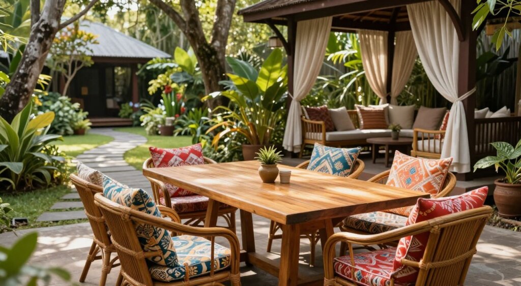 A beautifully arranged outdoor seating area featuring Balinese-style furniture in an Australian garden setting. In the foreground, a natural teak wood dining table surrounded by comfortable rattan chairs adorned with vibrant, patterned cushions. The middle ground showcases lush tropical plants and a stone pathway winding through the garden, creating a serene ambiance. In the background, an elegant gazebo provides shaded seating, with soft, flowing curtains gently swaying in the breeze. Utilize soft, natural daylight filtering through the trees, casting dappled light across the scene. Capture this composition at eye level to evoke a warm, inviting atmosphere, emphasizing the harmony between the furniture and its natural surroundings, ideal for relaxing or entertaining outdoors.