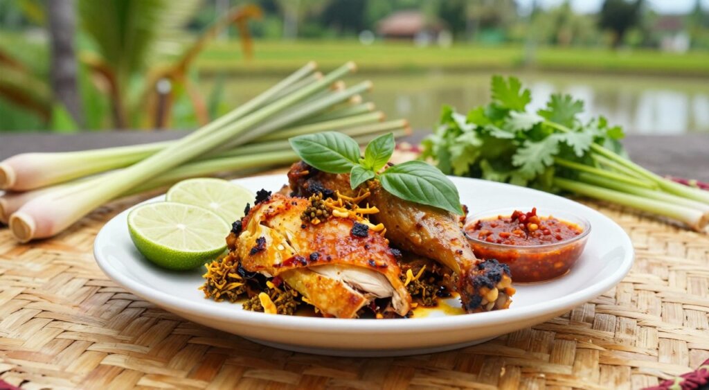 A beautifully arranged plate of Ayam Taliwang, showcasing its vibrant colors: grilled chicken, marinated in a rich blend of Indonesian spices, garnished with fresh basil, slices of lime, and a side of sambal (chili sauce). In the foreground, capture the texture of the chicken's crispy skin and juicy meat. The middle ground features a traditional Balinese woven mat, with fresh herbal ingredients like lemongrass and coriander scattered artfully around the dish. The background includes hints of Lombok's lush greenery and distant rice paddies, softly blurred to create depth. The image should be bathed in natural sunlight, enhancing the dish's appetizing colors. Shoot with a shallow depth of field, focusing sharply on the food, evoking a warm, inviting mood.