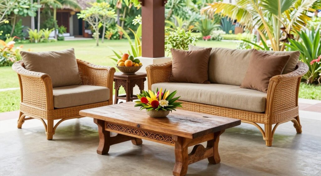 A beautifully arranged scene showcasing Bali style furniture in a bright, airy setting. In the foreground, a rustic wooden coffee table made from reclaimed teak, adorned with intricate carvings and a small bouquet of tropical flowers. The middle ground features an elegantly woven rattan sofa with plush cushions in earthy tones, complemented by a carved side table holding a vibrant fruit basket. The background reveals a sunlit veranda with lush green foliage and the distant outline of a tranquil tropical garden. The atmosphere is warm and inviting, with natural light flooding the space, creating soft shadows. Shot from a slightly elevated angle to capture the entire setting, ensuring a realistic and captivating feel that highlights the unique charm of Bali style furniture.