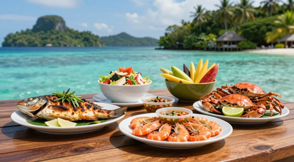 A beautifully arranged spread of fresh seafood dishes inspired by Raja Ampat, showcasing vibrant colors and textures. In the foreground, a wooden table features delicacies such as grilled fish garnished with tropical herbs, a platter of shrimp with a tangy dipping sauce, and coconut crab served with lime. The middle ground includes bowls of fresh salad and tropical fruit, emphasizing freshness. In the background, the serene turquoise waters of Raja Ampat are visible, with lush green islands under a clear blue sky. Soft, natural lighting enhances the scene, casting gentle shadows. The image should evoke a sense of tropical paradise and culinary delight, resembling high-quality photojournalism typical of National Geographic. A beautifully arranged spread of fresh seafood dishes inspired by Raja Ampat, showcasing vibrant colors and textures. In the foreground, a wooden table features delicacies such as grilled fish garnished with tropical herbs, a platter of shrimp with a tangy dipping sauce, and coconut crab served with lime. The middle ground includes bowls of fresh salad and tropical fruit, emphasizing freshness. In the background, the serene turquoise waters of Raja Ampat are visible, with lush green islands under a clear blue sky. Soft, natural lighting enhances the scene, casting gentle shadows. The image should evoke a sense of tropical paradise and culinary delight, resembling high-quality photojournalism typical of National Geographic.