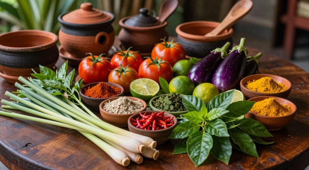 A beautifully arranged table laden with traditional Balinese cooking ingredients, showcasing vibrant colors and textures. In the foreground, fresh herbs like lemongrass, kaffir lime leaves, and basil are artfully displayed alongside spices in small bowls, including turmeric and chili. The middle-ground features various local produce such as ripe tomatoes, eggplants, and limes, all artistically positioned. In the background, a traditional Balinese cooking setup, with clay pots and wooden utensils, hints at a rustic kitchen ambiance. Soft, warm lighting enhances the vibrant colors, casting gentle shadows and creating an inviting atmosphere. The photo is shot from a high angle, capturing depth while conveying a sense of culinary discovery and warmth in Seminyak’s rich culinary landscape.
