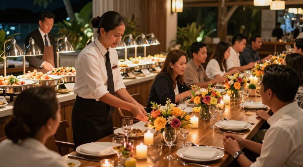 A beautifully arranged table set for a special event at Sanur Restaurant, featuring elegant dinnerware, flickering candles, and fresh floral centerpieces. In the foreground, staff dressed in professional business attire are engaging warmly with guests, showcasing exceptional customer service. The middle ground displays a vibrant buffet with a variety of exquisite dishes, reflecting the culinary creativity of the restaurant. In the background, soft ambient lighting creates a warm, inviting atmosphere, enhancing the overall elegance of the event. The entire scene is captured with a slightly angled wide lens, emphasizing the festive spirit and attention to detail, evoking a sense of celebration and community. The image should be vibrant with rich colors, highlighting the joyful interactions among guests.