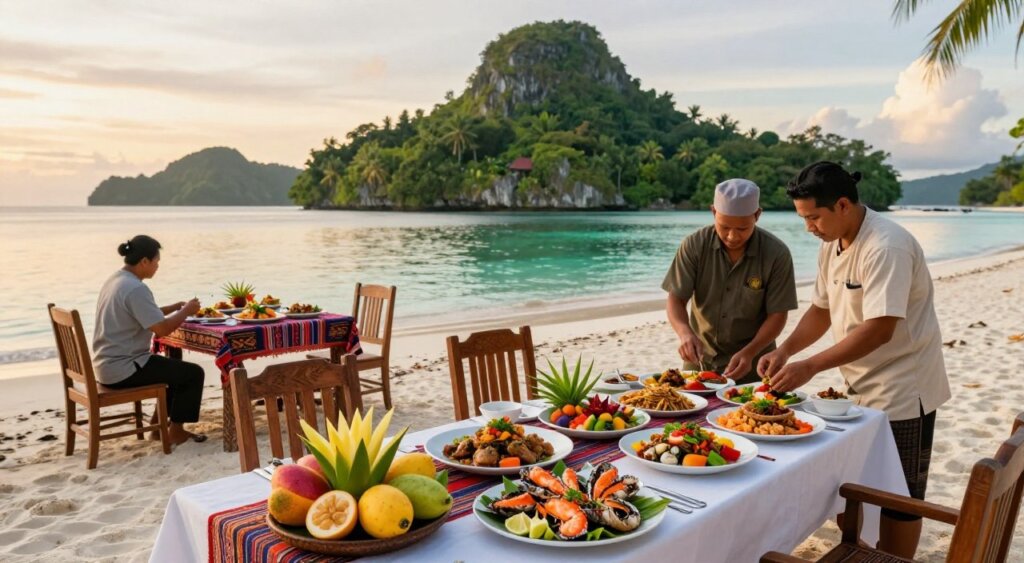 A beautifully arranged table set on a serene beach in Bigkanu, Raja Ampat, showcasing an exquisite selection of local dishes. In the foreground, vibrant tropical fruits, freshly grilled seafood, and colorful vegetable dishes create an inviting feast. Local chefs in modest, casual clothing expertly garnish the plates, adding a personal touch. The middle ground features wooden dining chairs and an intricately carved table adorned with traditional Batak textiles. In the background, lush green islands rise dramatically from the turquoise waters, with a soft sunset casting a warm golden light over the scene. Use a wide-angle lens to capture the expansive view, highlighting the connection between the culinary delights and the stunning natural beauty, evoking a sense of tranquility and culinary adventure. The overall mood is warm, inviting, and culturally rich, embodying the essence of culinary experiences in Bigkanu.