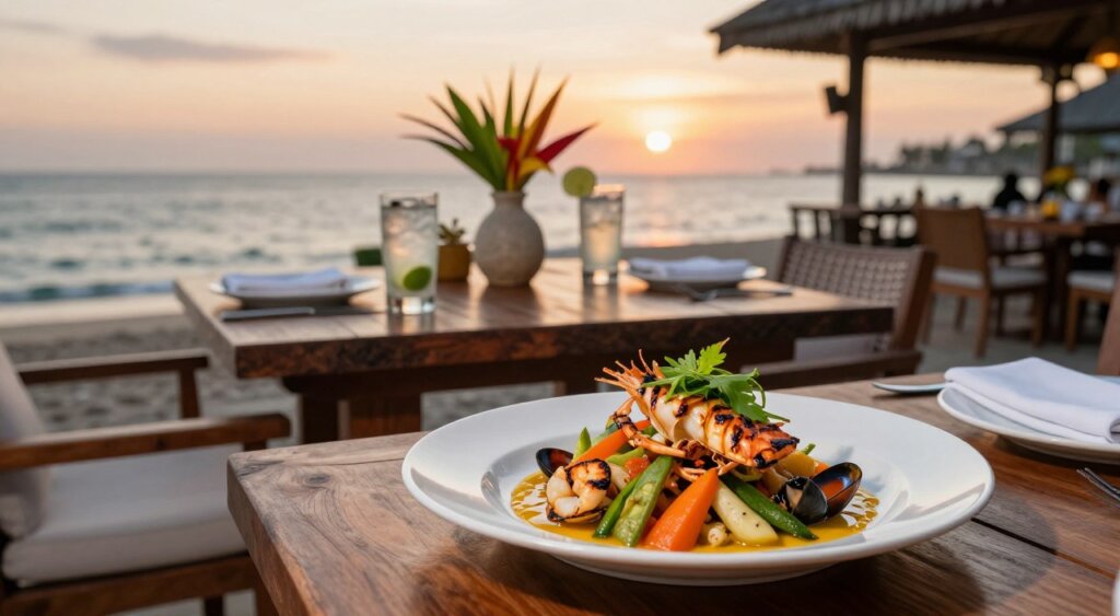 A beautifully arranged table set outdoors at a charming Sanur restaurant, showcasing a tantalizing menu highlight. In the foreground, a vibrant dish of grilled seafood with a drizzle of tangy sauce, colorful vegetables, and fragrant herbs, invitingly plated. The middle layer features a rustic wooden table adorned with elegant dinnerware, a small vase with tropical flowers, and a refreshing drink with a slice of lime. The background reveals the soft hues of a sunset over the ocean, casting a warm glow on the scene. The atmosphere is relaxed and welcoming, ideal for a memorable dining experience. The image should have soft, natural lighting, captured with a shallow depth of field to emphasize the food while softly blurring the background.