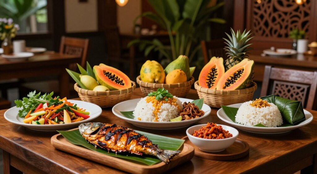 A beautifully arranged table showcasing traditional Balinese cuisine, featuring vibrant dishes like Nasi Goreng and Sate Lilit, garnished with fresh herbs and colorful vegetables. In the foreground, a wooden platter holds marinated grilled fish, rice wrapped in banana leaves, and spicy sambal on a small bowl. The middle ground shows beautifully woven bamboo baskets filled with fresh fruits like papaya and pineapple. The background features a softly lit Balinese restaurant decor, with intricate wooden carvings and tropical plants. The scene is illuminated by warm, ambient lighting that creates a cozy, inviting atmosphere. Capture this image with a shallow depth of field to highlight the food, using a 50mm lens to convey a professional, photojournalistic style. A beautifully arranged table showcasing traditional Balinese cuisine, featuring vibrant dishes like Nasi Goreng and Sate Lilit, garnished with fresh herbs and colorful vegetables. In the foreground, a wooden platter holds marinated grilled fish, rice wrapped in banana leaves, and spicy sambal on a small bowl. The middle ground shows beautifully woven bamboo baskets filled with fresh fruits like papaya and pineapple. The background features a softly lit Balinese restaurant decor, with intricate wooden carvings and tropical plants. The scene is illuminated by warm, ambient lighting that creates a cozy, inviting atmosphere. Capture this image with a shallow depth of field to highlight the food, using a 50mm lens to convey a professional, photojournalistic style.