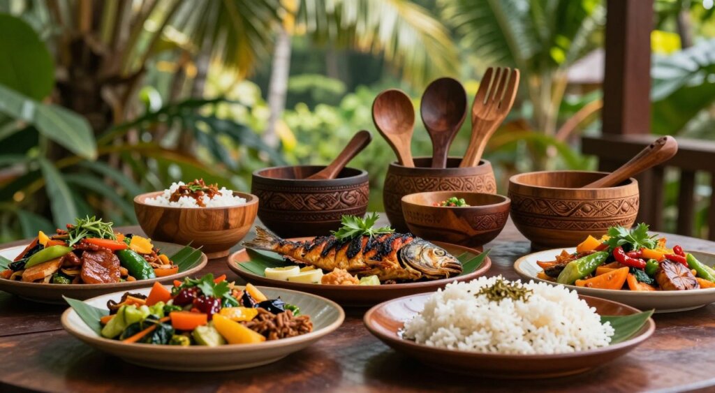 A beautifully arranged table showcasing traditional Papuan dishes from Raja Ampat, set in a lush tropical environment. In the foreground, a vibrant spread featuring grilled fish, coconut rice, and an array of colorful vegetables garnished with local herbs. The middle ground showcases intricately carved wooden utensils and bowls made from natural materials, highlighting the cultural craftsmanship. In the background, soft green foliage and palm trees, with dappled sunlight filtering through, create a serene and inviting atmosphere. The scene is captured with a shallow depth of field, emphasizing the dishes while gently blurring the background. The lighting is warm and natural, evoking a sense of authenticity and connection to the local culture. A beautifully arranged table showcasing traditional Papuan dishes from Raja Ampat, set in a lush tropical environment. In the foreground, a vibrant spread featuring grilled fish, coconut rice, and an array of colorful vegetables garnished with local herbs. The middle ground showcases intricately carved wooden utensils and bowls made from natural materials, highlighting the cultural craftsmanship. In the background, soft green foliage and palm trees, with dappled sunlight filtering through, create a serene and inviting atmosphere. The scene is captured with a shallow depth of field, emphasizing the dishes while gently blurring the background. The lighting is warm and natural, evoking a sense of authenticity and connection to the local culture.
