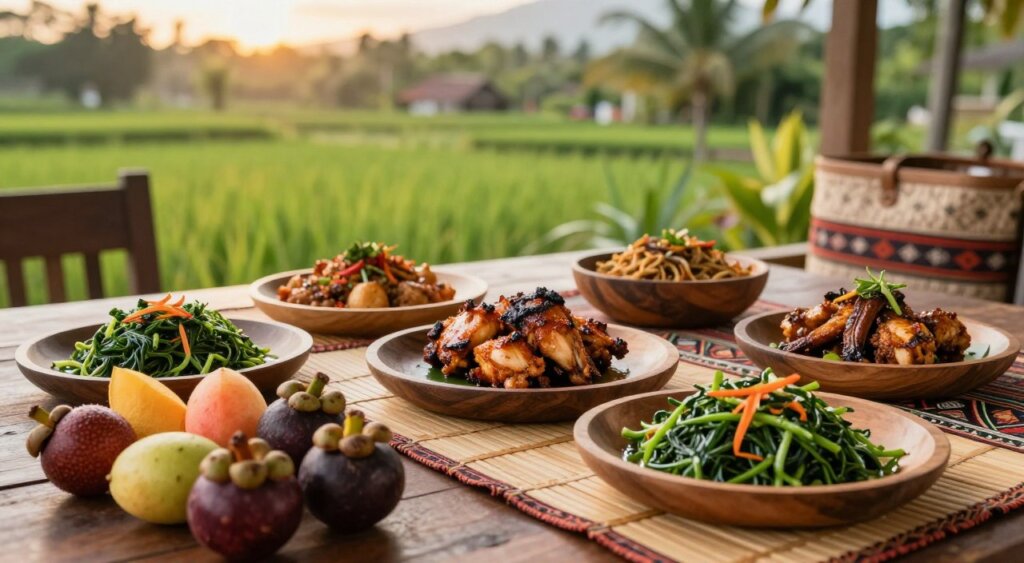 A beautifully arranged table showcasing traditional Sasak cuisine from Lombok, featuring vibrant dishes such as Ayam Taliwang, a grilled spiced chicken, and Plecing Kangkung, a refreshing water spinach salad, all served on rustic wooden plates. The foreground includes a colorful spread of local fruits like mangosteen and salak, creating a feast-like atmosphere. In the middle ground, an elegant bamboo mat with traditional decor sets the scene for a casual dining experience. The background captures a glimpse of lush Lombok greenery and rice paddies under soft, warm golden hour lighting, enhancing the inviting atmosphere. The image is framed with a slight depth of field, focusing clearly on the food while softly blurring the background to create a sense of warmth and authenticity.
