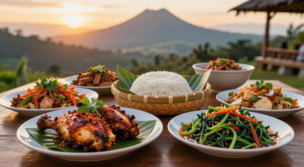 A beautifully arranged traditional Lombok Ekas dining table, showcasing an array of vibrant local dishes. In the foreground, a plate of Ayam Taliwang, grilled chicken with spices, is garnished with fresh herbs. Beside it lies a bowl of Plecing Kangkung, spicy water spinach salad, glistening with a hint of coconut oil. In the middle, a centerpiece of authentic Sasak rice, served in a woven bamboo basket, enhances the local theme. The background features a scenic view of Lombok Ekas mountains at sunset, with warm golden light spilling over the dishes, creating a cozy atmosphere. This photojournalism-style image captures the essence of Lombok’s rich culinary culture, focusing on the textures, colors, and natural beauty, with an emphasis on vibrant, inviting food. A beautifully arranged traditional Lombok Ekas dining table, showcasing an array of vibrant local dishes. In the foreground, a plate of Ayam Taliwang, grilled chicken with spices, is garnished with fresh herbs. Beside it lies a bowl of Plecing Kangkung, spicy water spinach salad, glistening with a hint of coconut oil. In the middle, a centerpiece of authentic Sasak rice, served in a woven bamboo basket, enhances the local theme. The background features a scenic view of Lombok Ekas mountains at sunset, with warm golden light spilling over the dishes, creating a cozy atmosphere. This photojournalism-style image captures the essence of Lombok’s rich culinary culture, focusing on the textures, colors, and natural beauty, with an emphasis on vibrant, inviting food.