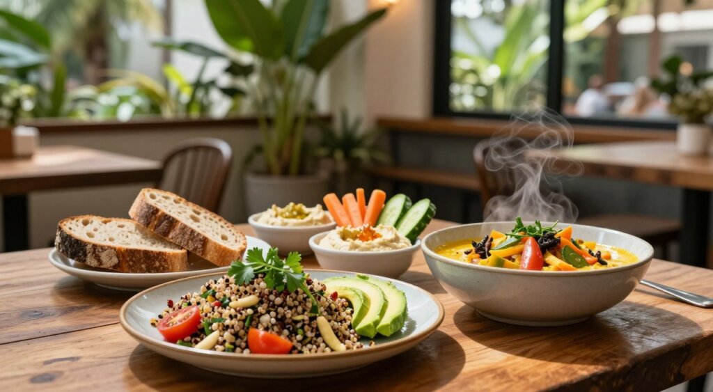 A beautifully arranged vegan meal featuring a variety of colorful dishes on a rustic wooden table. In the foreground, display an artistic plate with a vibrant quinoa salad, garnished with fresh herbs, cherry tomatoes, and avocado slices. Next to it, a bowl of creamy coconut curry with mixed vegetables, invitingly steaming. In the middle ground, include artisan bread and small bowls of homemade hummus with carrot sticks and cucumber slices. The background should showcase a cozy, chic Seminyak café with leafy plants and soft, natural light filtering through large windows, casting gentle shadows. The overall atmosphere is warm and inviting, reflecting a peaceful dining experience, perfect for health-conscious diners in a tropical setting. Capture this scene with a shallow depth of field to emphasize the food while softening the background.
