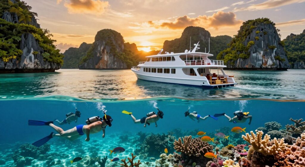A beautifully crafted liveaboard vessel floats serenely in the turquoise waters of Raja Ampat, surrounded by lush, green limestone islands and vibrant coral reefs. In the foreground, a group of snorkelers in modest, colorful swim gear explore the underwater wonders, with schools of tropical fish and intricate coral formations visible beneath the crystal-clear surface. In the middle ground, the liveaboard, featuring a spacious deck with lounge chairs and an inviting atmosphere, provides a perfect base for adventure. The background showcases the stunning, jagged silhouette of the islands against a vibrant sunset sky, casting warm golden hues on the water. Captured in natural lighting with a wide-angle lens, the scene emanates a sense of tranquility and excitement, inviting viewers to partake in the snorkeling experience of a lifetime.