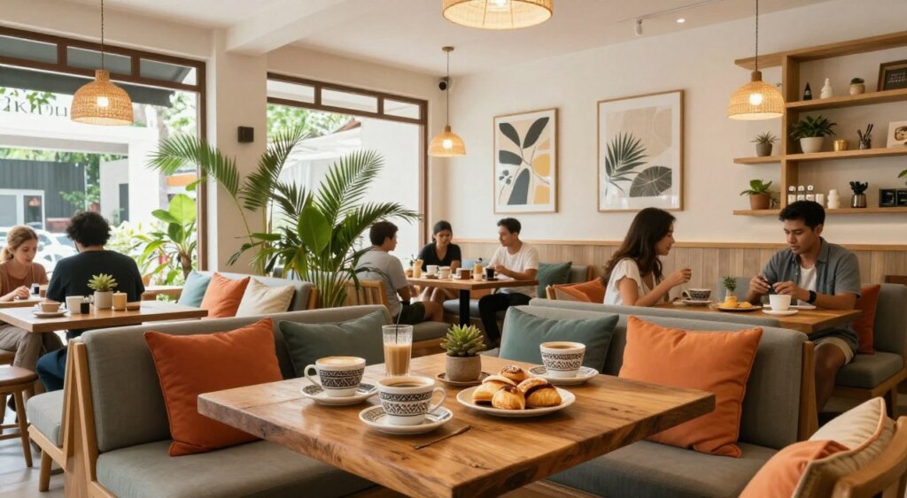 A beautifully designed café interior in Seminyak, featuring an inviting and Instagram-worthy ambiance. In the foreground, a rustic wooden table adorned with artisanal coffee cups and fresh pastries. The middle ground showcases stylish, plush seating with vibrant cushions, complemented by potted tropical plants. In the background, large windows allow natural light to flood the space, highlighting the café’s light wood accents and chic decor, which includes contemporary art pieces and hanging pendant lights. Captured with a slight angle to emphasize depth, the scene radiates a warm, welcoming atmosphere, perfect for social media engagement. The setting is bustling yet relaxed, with patrons dressed in casual chic attire, enjoying their time in this trendy hotspot.