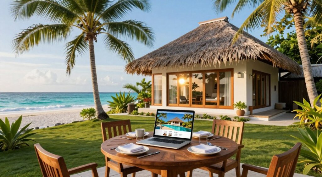 A beautifully designed villa on Gili Trawangan, surrounded by lush tropical gardens and swaying palm trees. In the foreground, a charming wooden table set for a booking consultation, with a laptop open displaying a vibrant villa listing. In the middle ground, the villa with its thatched roof and expansive windows, reflecting the sun's warm glow. The background features the turquoise waters of the ocean, gently lapping at the white sandy beach under a clear blue sky. Soft, natural lighting illuminates the scene, enhancing the tranquil atmosphere. Capture this image from a slight angle to emphasize the villa's charm and inviting appeal, evoking a sense of relaxation and adventure for potential guests.