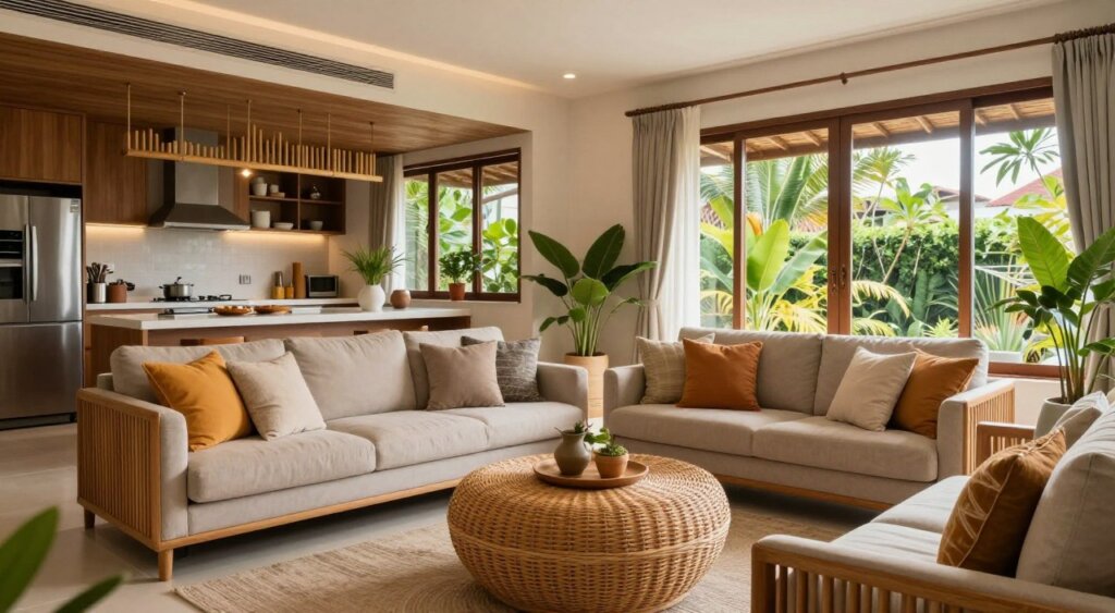 A beautifully furnished apartment interior in Canggu, showcasing a modern, tropical aesthetic. In the foreground, a stylish wicker coffee table sits atop a light-colored rug, surrounded by plush, neutral-toned sofas adorned with vibrant cushions. The middle ground features an open-plan living space, with large windows allowing natural light to flood in, highlighting elegant wood and bamboo decor. A sleek kitchen appears to the side, equipped with stainless steel appliances and potted plants for a fresh touch. In the background, lush greenery can be glimpsed outside, enhancing the serene atmosphere. Soft, warm lighting illuminates the space, creating an inviting mood. The image should be captured at a slight angle, reminiscent of professional photojournalism, conveying a sense of comfort and style perfect for long-term rentals.