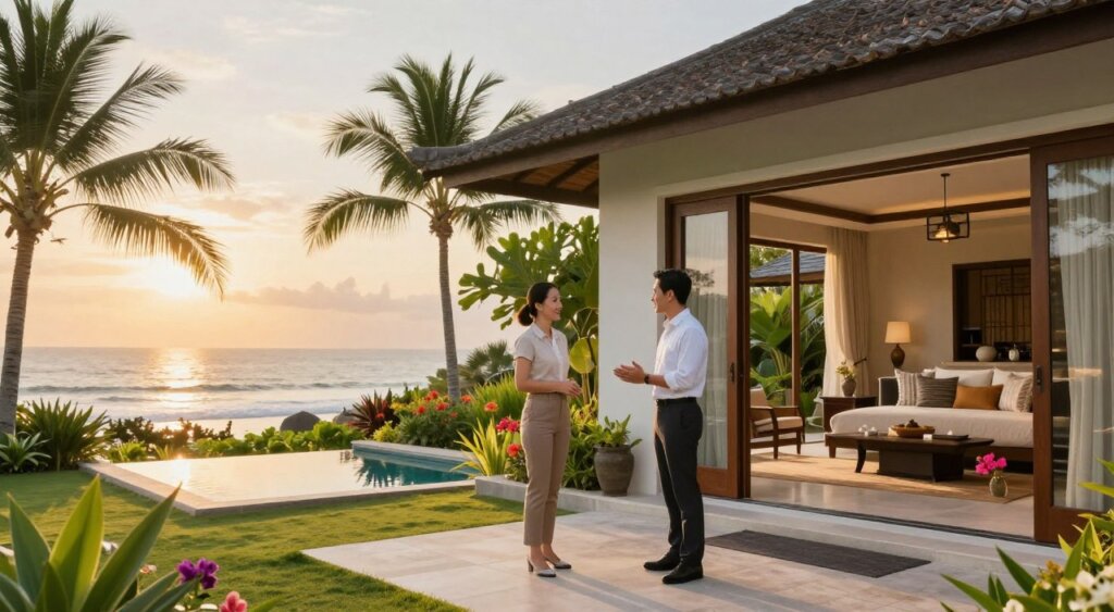 A beautifully landscaped luxury villa in Sanur, Bali, showcasing professional villa management services. In the foreground, a sleek, modern villa with open doors leads to a bright, airy living space adorned with tasteful decor. To the left, a friendly, professional villa manager clad in a smart casual outfit interacts with a potential guest, suggesting warmth and professionalism. In the middle ground, a lush tropical garden features palm trees, vibrant flowers, and a serene pool. The background displays the tranquil Bali coastline bathed in soft, golden sunset light, enhancing the peaceful atmosphere. The photo is shot with a wide-angle lens to capture the villa and garden in a harmonious composition, conveying a sense of luxury and relaxation typical of premium villa management services. A beautifully landscaped luxury villa in Sanur, Bali, showcasing professional villa management services. In the foreground, a sleek, modern villa with open doors leads to a bright, airy living space adorned with tasteful decor. To the left, a friendly, professional villa manager clad in a smart casual outfit interacts with a potential guest, suggesting warmth and professionalism. In the middle ground, a lush tropical garden features palm trees, vibrant flowers, and a serene pool. The background displays the tranquil Bali coastline bathed in soft, golden sunset light, enhancing the peaceful atmosphere. The photo is shot with a wide-angle lens to capture the villa and garden in a harmonious composition, conveying a sense of luxury and relaxation typical of premium villa management services.
