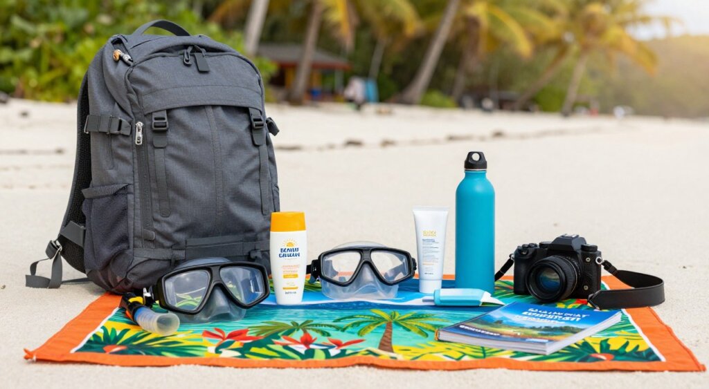 A beautifully organized flat lay of packing essentials for a Raja Ampat homestay trip, featuring items such as a lightweight backpack, snorkeling gear, reef-safe sunscreen, a reusable water bottle, a camera for capturing stunning landscapes, travel-sized toiletries, and a guidebook about Raja Ampat. In the foreground, the essentials are artfully arranged on a vibrant, tropical-themed sarong to evoke the atmosphere of Indonesia's lush environment. In the middle ground, a soft, sandy beach surface is suggested, with blurred hints of palm trees in the background to create depth. The scene is bathed in warm, natural lighting to convey a sense of adventure and excitement. The composition should feel inviting and professionally curated, reminiscent of a National Geographic travel feature.