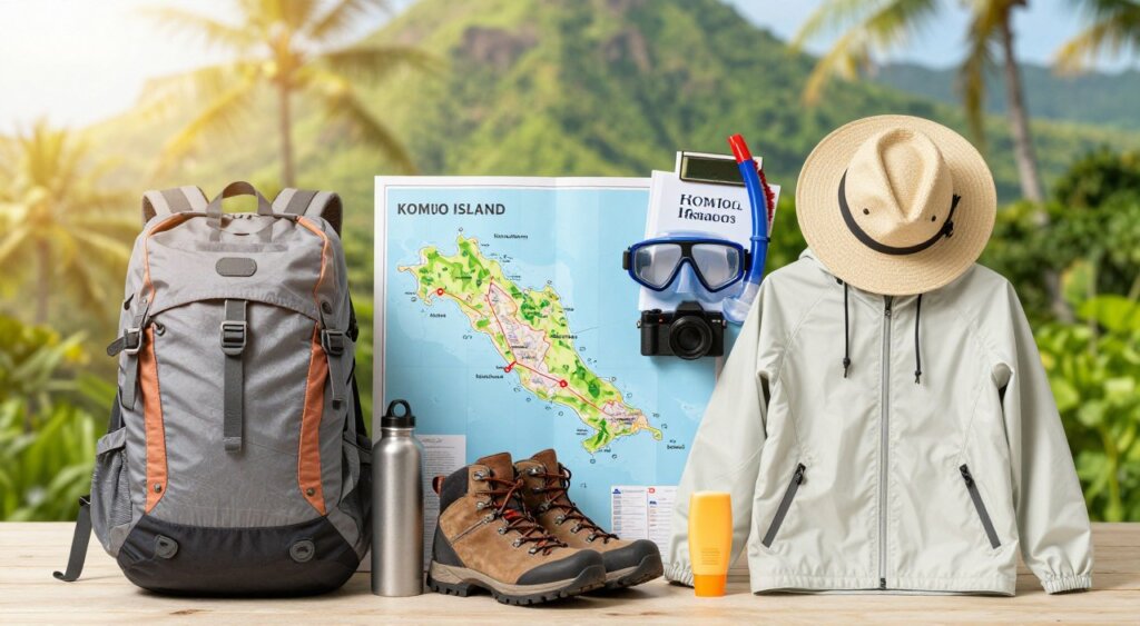 A beautifully organized packing list for a trip to Komodo Island, presented in a flat lay composition. In the foreground, essential items are artfully arranged: a lightweight backpack, a reusable water bottle, hiking boots, snorkeling gear, a sun hat, sunscreen, and a lightweight rain jacket. In the middle ground, a vibrant map of Komodo Island is slightly visible, alongside travel guides and a camera. The background features a blurred image of lush tropical greenery, representing the island's natural beauty. The lighting is bright and inviting, evoking a sense of adventure, with a warm, sunlit atmosphere reminiscent of a tropical paradise. The overall composition reflects a sense of preparation for an exciting expedition, highlighting essential travel gear without any text or distractions. A beautifully organized packing list for a trip to Komodo Island, presented in a flat lay composition. In the foreground, essential items are artfully arranged: a lightweight backpack, a reusable water bottle, hiking boots, snorkeling gear, a sun hat, sunscreen, and a lightweight rain jacket. In the middle ground, a vibrant map of Komodo Island is slightly visible, alongside travel guides and a camera. The background features a blurred image of lush tropical greenery, representing the island's natural beauty. The lighting is bright and inviting, evoking a sense of adventure, with a warm, sunlit atmosphere reminiscent of a tropical paradise. The overall composition reflects a sense of preparation for an exciting expedition, highlighting essential travel gear without any text or distractions.
