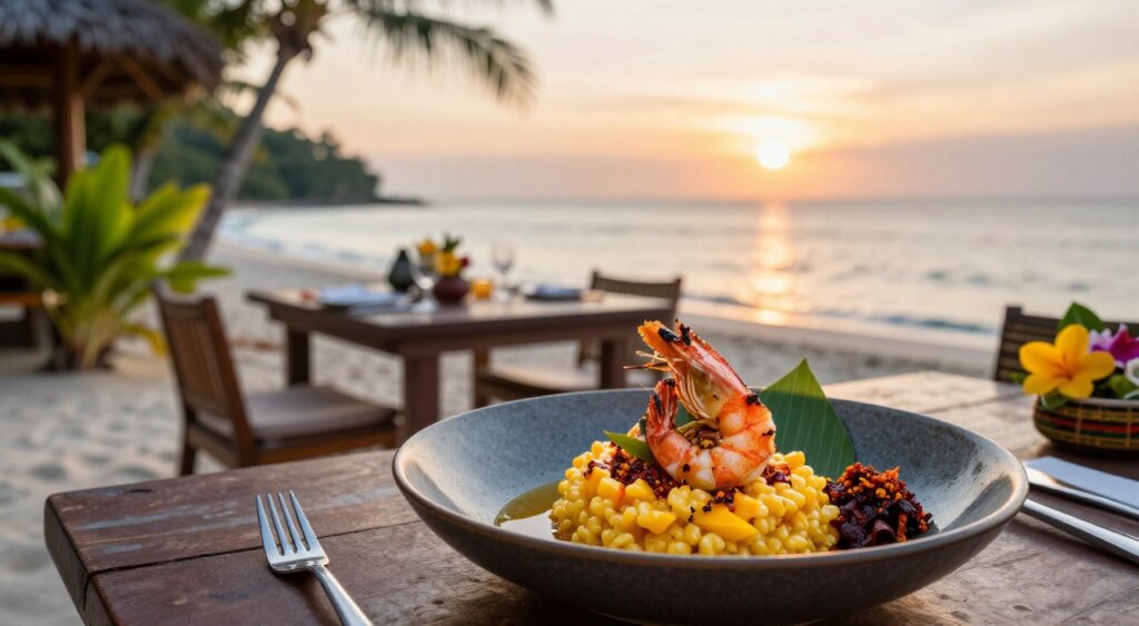 A beautifully plated innovative fusion cuisine dish inspired by Gili Air. In the foreground, feature a vibrant bowl of colorful ingredients, combining local Indonesian flavors with modern culinary techniques—for example, a delicate mango risotto topped with grilled shrimp and a drizzle of spicy sambal. The middle ground showcases an elegant dining table set on a rustic beachfront, complete with tropical greenery, bright flowers, and traditional Balinese tableware. In the background, depict a stunning sunset over the ocean, casting gentle golden light across the scene. Use a shallow depth of field to emphasize the dish while softly blurring the surroundings, creating a warm and inviting atmosphere perfect for a high-quality culinary experience. The overall mood should be sophisticated yet relaxed, embodying the essence of dining in paradise.