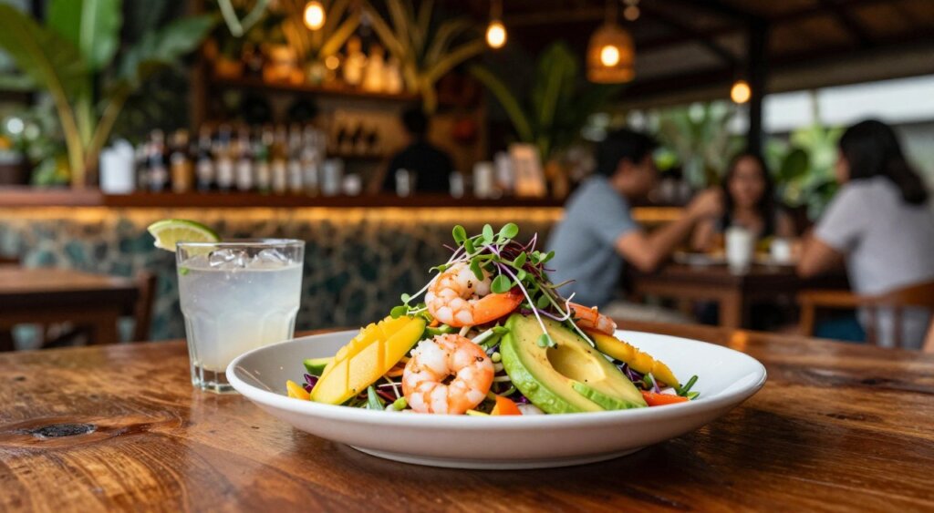 A beautifully presented dish from Seminyak Sports Bar, featuring a vibrant and trendy tropical seafood salad with fresh ingredients like shrimp, avocado, mango, and a sprinkle of microgreens. Foreground showcases the dish elegantly plated on a rustic wooden table, accented with a small glass of refreshing coconut water. The middle ground includes a blurred out view of the bar, adorned with lush tropical plants and dim ambient lighting. In the background, soft silhouettes of patrons enjoying their meals contribute to a lively yet relaxed atmosphere. Capture this scene using a shallow depth of field for focus on the dish, with warm, inviting lighting that highlights the colors and textures of the food, conveying a vibrant yet casual dining experience.