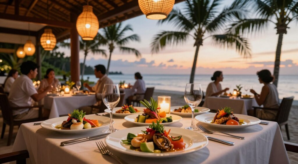 A beautifully set table for fine dining in Kuta, Lombok, showcasing an elegant array of gourmet dishes and exquisite tableware. In the foreground, the focus is on intricately plated seafood and vegetarian delicacies, garnished with vibrant herbs. The middle ground features soft lighting from hanging lanterns, creating a warm and inviting atmosphere, with elegantly dressed diners in modest attire enjoying the meal. In the background, a stunning view of the beach at sunset, with palm trees gently swaying in the breeze, adds to the ambiance. The angle is slightly elevated, allowing for a panoramic glimpse of this tropical dining experience, with emphasis on richness and sophistication. The overall mood is one of relaxation and indulgence in a serene, scenic setting.