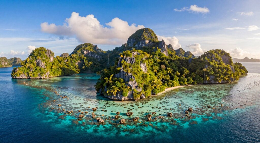 A breathtaking aerial overview of Yenatar Raja Ampat, showcasing its stunning tropical landscape. In the foreground, vibrant coral reefs shimmer beneath crystal-clear turquoise waters, dotted with schools of colorful tropical fish. The middle ground features lush, green limestone islands with dense foliage and dramatic cliffs that rise majestically from the water. The background reveals a panoramic view of a clear blue sky, where soft white clouds drift lazily. The lighting is bright and natural, capturing the vibrant colors of the scene during golden hour, creating a warm and inviting atmosphere. The composition should evoke a sense of awe, highlighting the natural beauty and ecological importance of the region, similar to a high-quality National Geographic photograph.