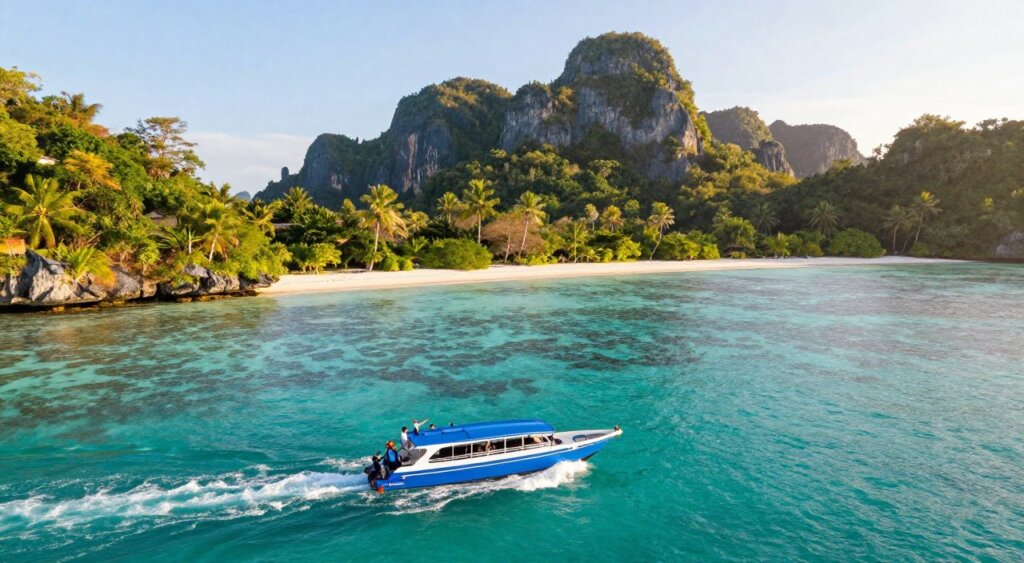 A breathtaking aerial view capturing the journey from Denpasar to Raja Ampat. In the foreground, a vibrant blue speedboat slicing through crystal-clear turquoise waters, with a small group of travelers in modest casual clothing, excitedly pointing at the surrounding scenery. The middle ground features lush green islands dotted with pristine white beaches, sun-drenched coral reefs visible beneath the water. In the background, towering limestone cliffs rise dramatically against a cloudless sky, hinting at the adventures that await. Soft, golden sunlight creates a warm glow, enhancing the tropical atmosphere. The composition is shot from a slight high angle, evoking a sense of exploration and marvel at nature's beauty, reminiscent of National Geographic photojournalism.