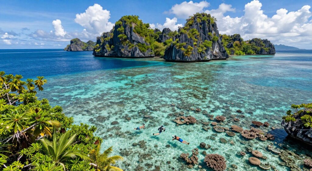 A breathtaking aerial view of Friwen Wall in Raja Ampat, showcasing vibrant coral reefs teeming with marine life beneath crystal-clear turquoise waters. In the foreground, splendid tropical trees frame the scene, their lush green foliage contrasting against the deep blue of the ocean. In the middle ground, divers in modest casual clothing gracefully explore the underwater paradise, capturing the essence of adventure and tranquility. The background features soaring limestone cliffs topped with verdant vegetation under a bright, sunny sky dotted with white, fluffy clouds, creating an inviting atmosphere. The lighting is warm and natural, with sunlight filtering through the water to illuminate the coral formations below. This image conveys the perfect time to visit, emphasizing the beauty and serenity of Raja Ampat’s seasonal weather patterns.