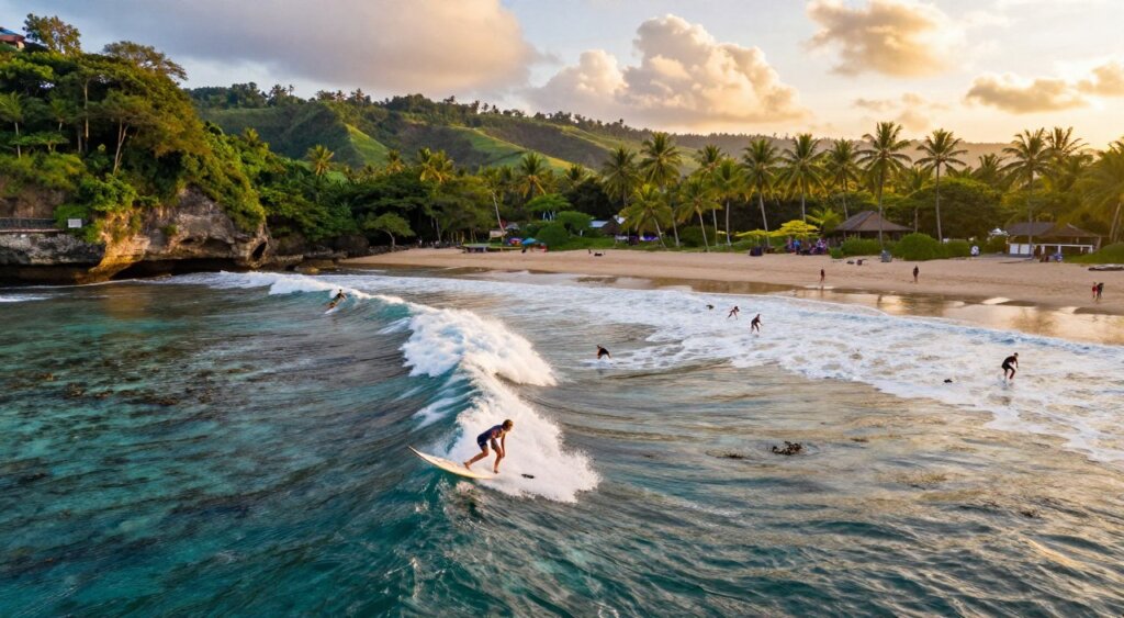 A breathtaking aerial view of Indonesia's top surf spots, showcasing lush tropical coastlines with crystal-clear waves crashing against vibrant coral reefs. The foreground features a surfer in modest swimwear skillfully riding a wave, embodying the thrill of the sport. In the middle ground, several surfers can be seen paddling or waiting for the perfect wave, surrounded by picturesque palm trees and sandy beaches. The background reveals dramatic cliffs and verdant hills, highlighted by golden sunlight filtering through soft, fluffy clouds, creating an inviting and adventurous atmosphere. Shot with a wide-angle lens at sunset to capture warm hues and enhance the tropical feel, evoking a sense of excitement and exploration in this surfer's paradise.