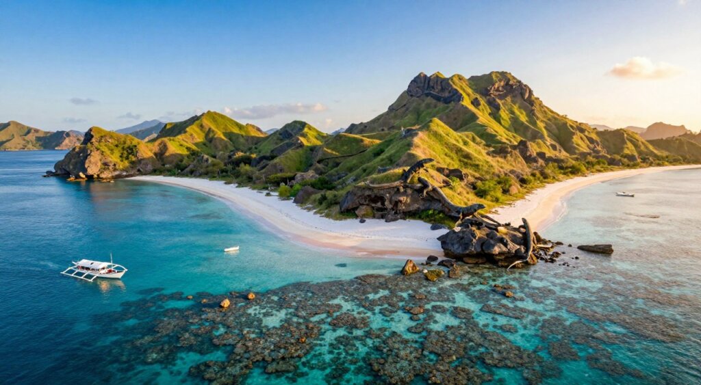 A breathtaking aerial view of Komodo Island during the dry season, showcasing pristine beaches and vibrant green hills under a clear blue sky. In the foreground, colorful coral reefs are visible through crystal-clear turquoise waters, while a small traditional boat gently glides along the shoreline. In the middle ground, majestic Komodo dragons can be spotted basking in the sun on rocky outcrops. The background features rugged cliffs and a stunning sunset casting warm golden hues across the landscape, creating a serene and inviting atmosphere. The scene is captured in soft, natural lighting with a wide-angle lens to emphasize the island's beauty, evoking a sense of adventure and exploration, perfect for showcasing the best time to visit. A breathtaking aerial view of Komodo Island during the dry season, showcasing pristine beaches and vibrant green hills under a clear blue sky. In the foreground, colorful coral reefs are visible through crystal-clear turquoise waters, while a small traditional boat gently glides along the shoreline. In the middle ground, majestic Komodo dragons can be spotted basking in the sun on rocky outcrops. The background features rugged cliffs and a stunning sunset casting warm golden hues across the landscape, creating a serene and inviting atmosphere. The scene is captured in soft, natural lighting with a wide-angle lens to emphasize the island's beauty, evoking a sense of adventure and exploration, perfect for showcasing the best time to visit.