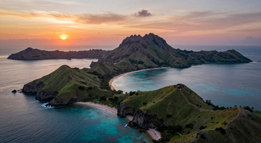 A breathtaking aerial view of Lombok and Komodo Island, showcasing the lush, green mountainous terrain and dramatic cliffs of Lombok in the foreground, transitioning into the turquoise waters of the Flores Sea. The midsection features the rugged landscape of Komodo Island with its distinctive, arid hills and scattered golden beaches. The background reveals a stunning sunset, casting warm hues of orange and pink across the sky and reflecting on the water’s surface, creating a serene atmosphere. The composition captures a sense of adventure and tranquility. The image should mimic National Geographic’s photojournalism style, with crisp details, vibrant colors, and dramatic lighting, as if taken with a high-quality DSLR camera from an elevated perspective. No human presence is included in the scene.