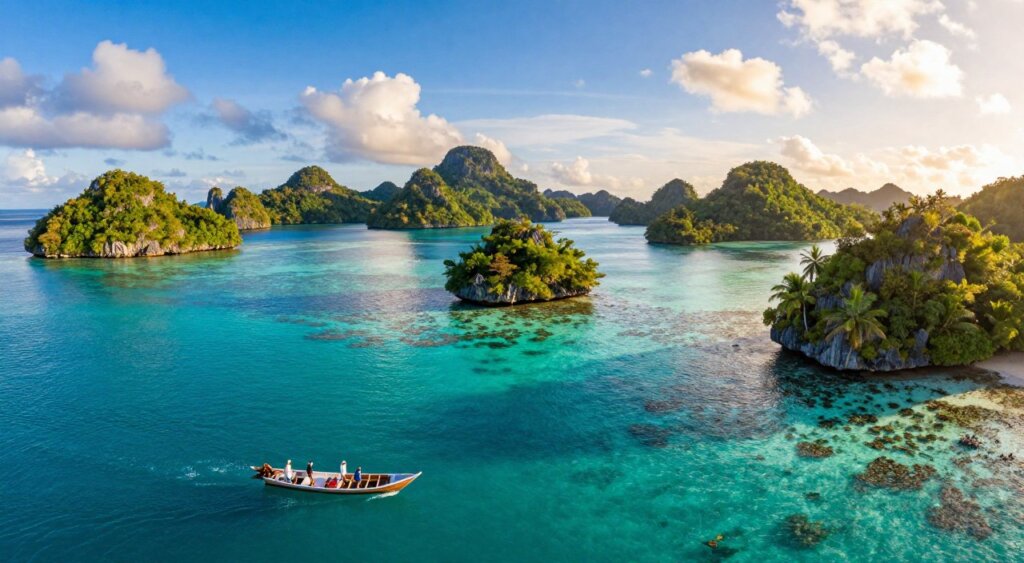 A breathtaking aerial view of Raja Ampat, Indonesia, during the best time to visit, showcasing its stunning turquoise lagoons and vibrant coral reefs. In the foreground, a small, elegant wooden boat with a few tourists dressed in modest casual clothing is gently gliding through the crystal-clear water, exploring the intriguing limestone islands. The middle ground features lush, green islands dotted with tropical vegetation, while the background captures a bright blue sky with soft, fluffy clouds. The sun is setting, casting a warm, golden glow over the landscape, highlighting the rich colors of the water and the land. The shot is taken with a wide-angle lens, emphasizing the vastness and beauty of the archipelago, creating a sense of tranquility and adventure.