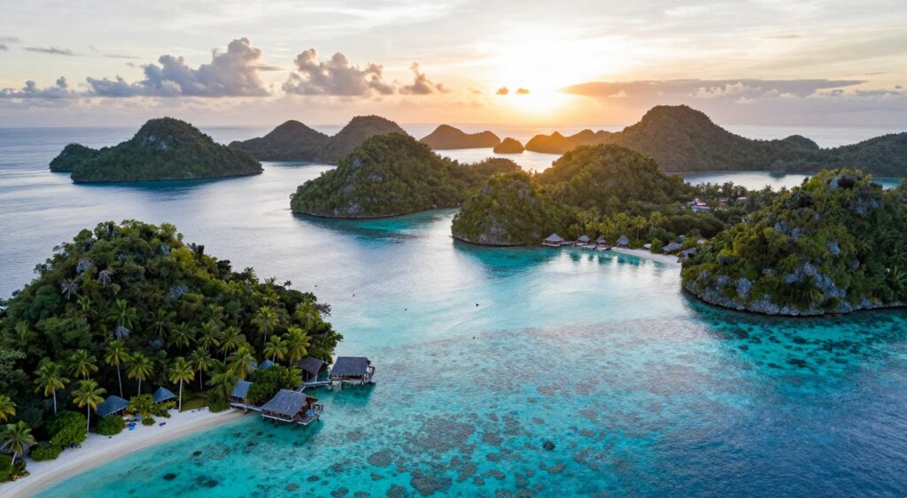 A breathtaking aerial view of Raja Ampat Islands, showcasing a stunning mosaic of lush green islands surrounded by crystal-clear turquoise waters. In the foreground, vibrant coral reefs are visible beneath the surface, while birds soar gracefully above. The middle ground features some of the best accommodation options, like eco-friendly overwater bungalows and charming beachfront lodges nestled among palm trees. In the background, the rising sun casts warm golden hues over the horizon, enhancing the tranquil atmosphere. The scene is captured with a wide-angle lens to emphasize the expansive beauty of the landscape, creating a sense of serenity and adventure. The mood is peaceful yet inviting, perfectly reflecting the allure of this tropical paradise.