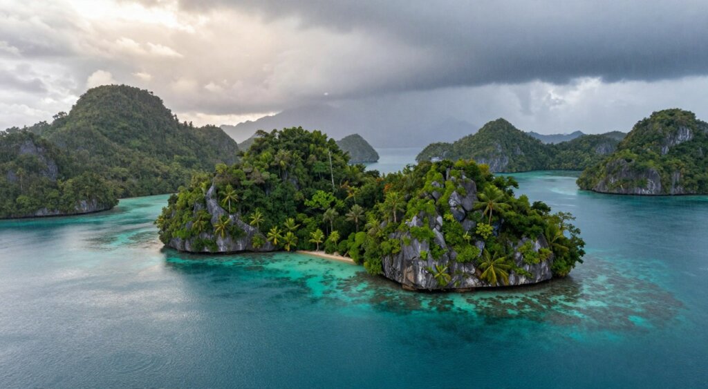 A breathtaking aerial view of Raja Ampat during January, capturing the lush green islands surrounded by turquoise waters. In the foreground, show a gentle, cascading rainfall creating ripples on the surface of the sea, with a few raindrops visibly striking the water. In the middle ground, highlight dense tropical foliage clinging to the rocky cliffs, glistening under the rainfall. The background should display dark, moody clouds rolling in, suggesting an impending downpour, but with shafts of diffused sunlight breaking through, illuminating parts of the landscape. The composition should evoke a sense of tranquility mixed with the dramatic beauty of nature, featuring high-definition clarity and vibrant colors, reminiscent of National Geographic photography. Use a wide-angle lens perspective to emphasize the vastness and depth of the scene, with a soft focus in the background to draw attention to the tranquil foreground elements.