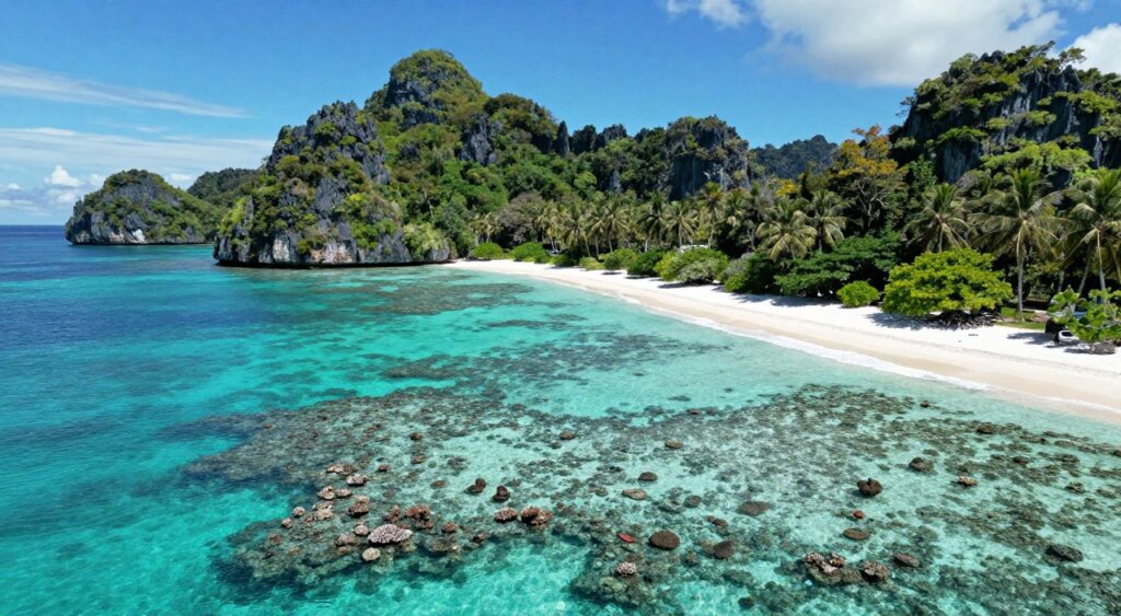 A breathtaking aerial view of Raja Ampat in May, showcasing the stunning turquoise waters and lush green islands during the dry season. In the foreground, include a vibrant coral reef teeming with marine life, while in the middle ground, capture a tranquil beach with soft white sand and gentle waves lapping at the shore. The background features dramatic limestone cliffs and dense tropical forests under a clear blue sky with bright sunlight illuminating the scene. Use a wide-angle lens to highlight the expansive beauty of the landscape, creating a serene and inviting atmosphere. The overall mood should convey the allure of Raja Ampat, emphasizing its natural splendor and ideal visiting conditions during May.