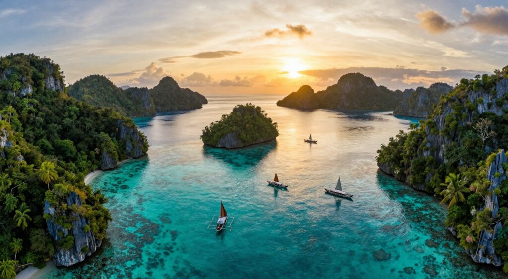 A breathtaking aerial view of Raja Ampat islands in Indonesia, showcasing the vibrant turquoise waters surrounded by lush green limestone cliffs and dense forests. The foreground features a crystal-clear lagoon dotted with traditional wooden boats, their sails catching the gentle breeze. In the middle ground, small, uninhabited islands emerge from the sea, framed by rich coral reefs visible beneath the water's surface. The background captures a dramatic sunset, casting a warm golden light that enhances the rich colors of the landscape. Use a wide-angle lens to emphasize the vastness of the scenery, with a subtle focus on the serene atmosphere and the pristine beauty of this tropical paradise. The overall mood is tranquil and inviting, reflecting the allure of Raja Ampat as a must-visit travel destination. A breathtaking aerial view of Raja Ampat islands in Indonesia, showcasing the vibrant turquoise waters surrounded by lush green limestone cliffs and dense forests. The foreground features a crystal-clear lagoon dotted with traditional wooden boats, their sails catching the gentle breeze. In the middle ground, small, uninhabited islands emerge from the sea, framed by rich coral reefs visible beneath the water's surface. The background captures a dramatic sunset, casting a warm golden light that enhances the rich colors of the landscape. Use a wide-angle lens to emphasize the vastness of the scenery, with a subtle focus on the serene atmosphere and the pristine beauty of this tropical paradise. The overall mood is tranquil and inviting, reflecting the allure of Raja Ampat as a must-visit travel destination.