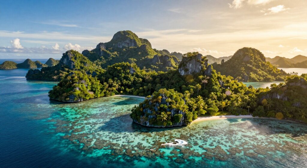 A breathtaking aerial view of Raja Ampat, showcasing its diverse climate across the year. In the foreground, vibrant coral reefs and crystal-clear turquoise waters teeming with marine life, gently lapping under a bright sun. In the middle ground, lush green islands with tropical foliage and rugged limestone cliffs rise majestically, casting soft shadows. The background features a stunning gradient sky, transitioning from azure to soft golden hues of sunset, highlighting the region's warm climate. Use natural lighting to emphasize the vivid colors of the landscape and water, while incorporating a slight lens flare for a dynamic effect. The mood is serene yet vibrant, capturing the essence of Raja Ampat's unique weather patterns throughout the year, reflecting a climate overview in a photojournalistic style reminiscent of National Geographic.