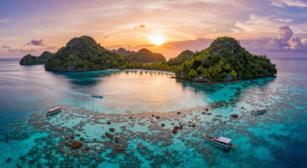 A breathtaking aerial view of Raja Ampat, showcasing its stunning turquoise waters and intricate coral reefs during the ideal travel season. In the foreground, vibrant coral formations teem with colorful fish, while a few small, traditional wooden boats glide gently on the water's surface. The middle ground features several lush, green islands, dotted with palm trees and exotic vegetation, creating a tropical paradise vibe. The background reveals a golden sunset sky, with warm hues of orange, pink, and purple reflecting off the calm waters. The scene captures the serene and idyllic atmosphere of paradise, with soft, natural lighting enhancing the vibrant colors of the landscape. The image should evoke a sense of tranquility and adventure, inspiring potential visitors to experience this natural wonder.