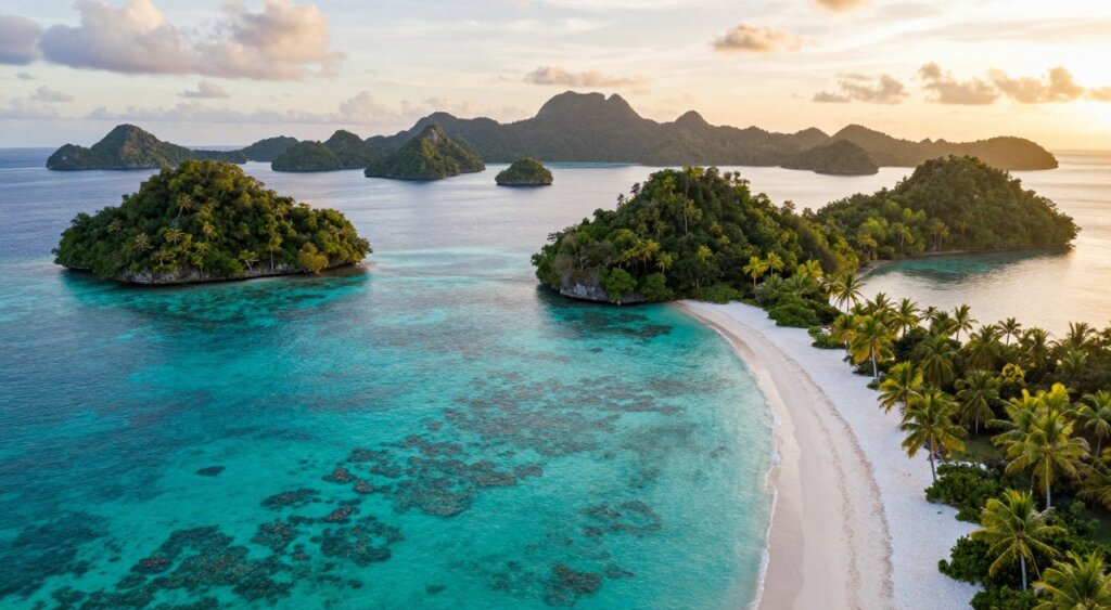 A breathtaking aerial view of Raja Ampat, showcasing its stunning turquoise waters and lush, green islands. In the foreground, a serene beach with soft white sands and gently swaying palm trees. The middle ground features vibrant coral reefs visible through crystal-clear water, bustling with colorful marine life. The background reveals an expansive archipelago under a soft golden sunset, casting warm light over the scene. The atmosphere is tranquil and inviting, evoking feelings of adventure and exploration. The photo is captured with a wide-angle lens, emphasizing the expansive beauty of the landscape, with soft natural lighting enhancing the vibrant colors of the islands and water.