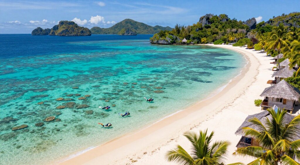 A breathtaking aerial view of Raja Ampat, showcasing its stunning turquoise waters teeming with vibrant coral reefs. In the foreground, a serene, sunlit beach with soft white sand, dotted with tasteful wooden huts and lush palm trees, highlighting travel accommodations. The middle ground features divers in professional gear exploring a colorful underwater paradise, illustrating diving accessibility. The background reveals dramatic limestone islands and rich greenery under a bright, clear blue sky, capturing the beauty of this remote paradise. The image has warm, inviting lighting to evoke a sense of adventure and tranquility, with a slight lens vignette effect to enhance focus on the beach and divers, embodying the allure of Raja Ampat’s dive sites.