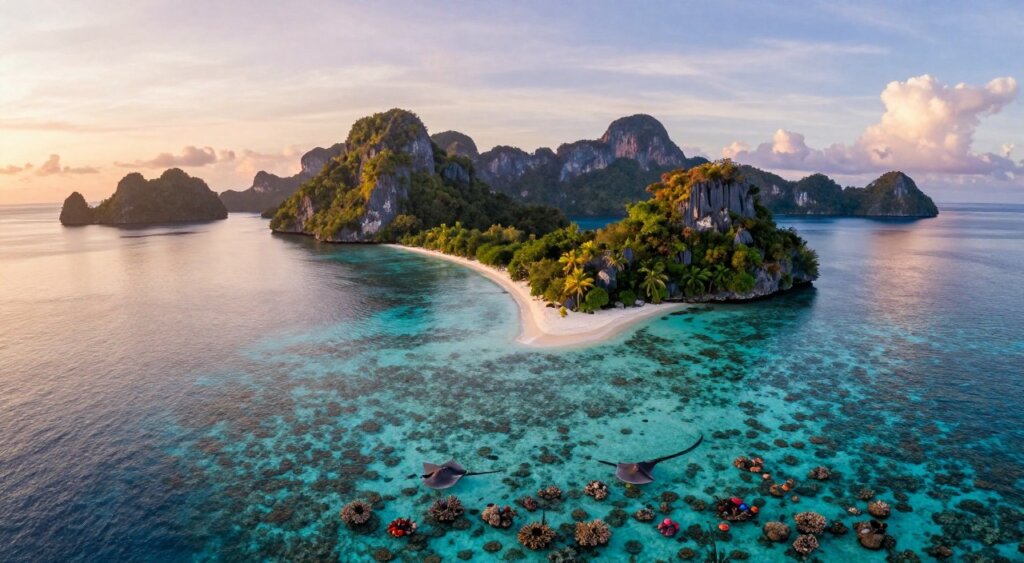 A breathtaking aerial view of Raja Ampat's best dive sites during golden hour. In the foreground, vibrant coral reefs teeming with diverse marine life, including schools of colorful fish and subtle rays gliding gracefully. The middle ground features lush, tropical islands with verdant vegetation and secluded beaches, framed by crystal-clear turquoise waters. The background showcases dramatic limestone karsts silhouetted against a soft, pastel sky. The scene captures a calm and tranquil atmosphere, emphasizing the natural beauty of this remote paradise. The lighting is warm and inviting, with soft reflections shimmering on the water's surface, reminiscent of a professional photojournalism style. No human figures are included in the image, ensuring a pristine focus on nature's splendor. A breathtaking aerial view of Raja Ampat's best dive sites during golden hour. In the foreground, vibrant coral reefs teeming with diverse marine life, including schools of colorful fish and subtle rays gliding gracefully. The middle ground features lush, tropical islands with verdant vegetation and secluded beaches, framed by crystal-clear turquoise waters. The background showcases dramatic limestone karsts silhouetted against a soft, pastel sky. The scene captures a calm and tranquil atmosphere, emphasizing the natural beauty of this remote paradise. The lighting is warm and inviting, with soft reflections shimmering on the water's surface, reminiscent of a professional photojournalism style. No human figures are included in the image, ensuring a pristine focus on nature's splendor.