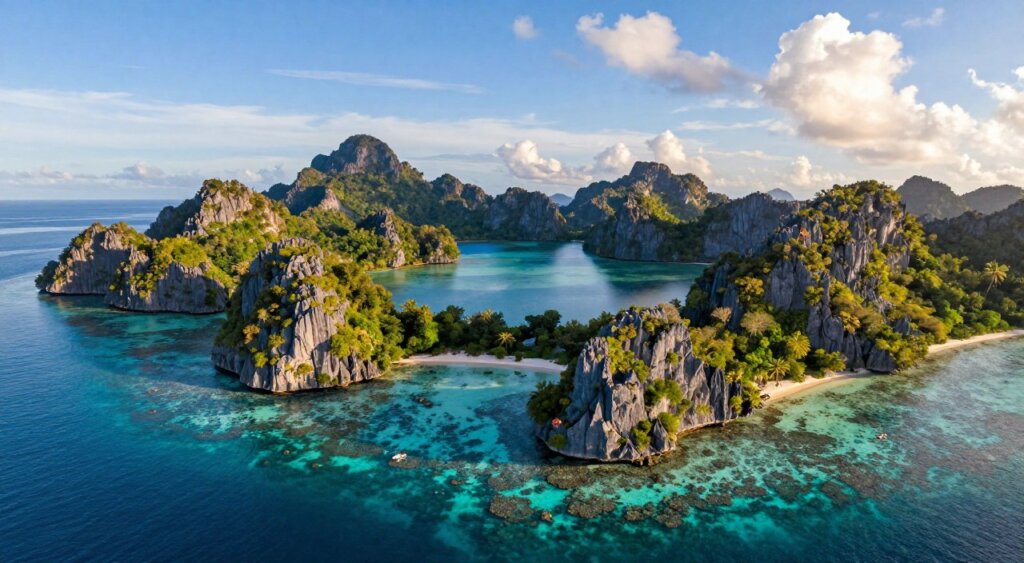 A breathtaking aerial view of Raja Ampat's limestone islands, showcasing their dramatic, rugged cliffs and unique formations rising majestically from the crystal-clear turquoise sea. In the foreground, vibrant coral reefs can be seen just beneath the calm surface of the water, teeming with marine life. The middle ground features a serene lagoon surrounded by lush greenery, with small sandy beaches peeking through the dense foliage. In the background, more limestone islands fade into the horizon under a clear blue sky scattered with a few fluffy white clouds. Soft, golden sunlight casts a warm glow on the scene, creating an inviting and tranquil atmosphere, ideal for exploration and relaxation. The composition evokes a sense of adventure and discovery, perfect for illustrating the stunning beauty of Raja Ampat.