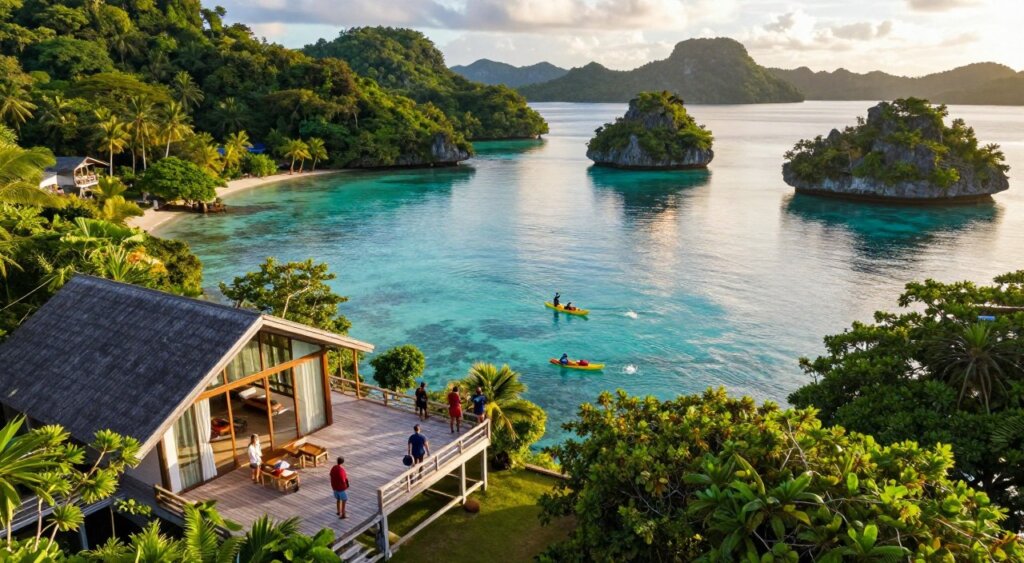 A breathtaking aerial view of Raja Ampat's lush, verdant islands surrounded by crystal-clear turquoise waters reflecting the sun. In the foreground, showcase a modern luxury villa with large glass windows and a wooden deck, suggesting growth in real estate demand. In the middle ground, include tourists engaging in eco-friendly activities like snorkeling, kayaking, and hiking, all dressed in modest, casual clothing, embodying a vibrant atmosphere of exploration. In the background, clusters of tropical trees and rocky formations provide a serene contrast against the lively waterfront activities. Capture the scene during golden hour, with warm sunlight enhancing the vibrant colors, and a wide-angle lens to encapsulate the beauty and allure of this breathtaking destination, evoking feelings of investment potential and natural wonder.