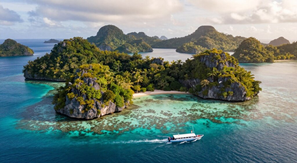 A breathtaking aerial view of Raja Ampat's stunning geography, showcasing the vibrant turquoise waters, lush green islands, and intricate coral reefs. In the foreground, display a boat cruising through crystal-clear waters, with a couple of travelers in modest casual clothing admiring the scenery. The middle ground features rocky cliffs and dense tropical foliage on the islands, with some small sandy beaches visible. In the background, distant islands fade into the horizon, shrouded in soft, misty clouds. Capture the essence of a serene and inviting atmosphere, with warm sunlight illuminating the landscape, highlighting the natural beauty and tranquility of Raja Ampat. Use a wide-angle lens perspective to emphasize the vastness of the scenery.