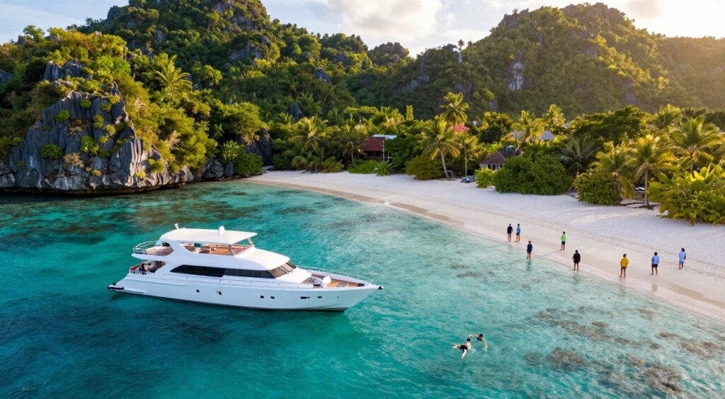 A breathtaking aerial view of Raja Ampat’s stunning islands featuring crystal-clear turquoise waters and lush green hills. In the foreground, a luxurious yacht with a modern design is anchored near a pristine beach, showcasing an atmosphere of opulence and adventure. In the middle ground, a small group of tourists in professional casual clothing are enjoying the serene environment, some snorkeling in the clear water, while others explore the vibrant coral reefs. The background captures the dramatic limestone karsts and dense jungle, bathed in warm golden sunlight during the golden hour, emphasizing the idyllic and tranquil mood. The scene should look like a high-quality photojournalism shot, reminiscent of National Geographic, showcasing the breathtaking beauty and luxury experiences associated with Raja Ampat.