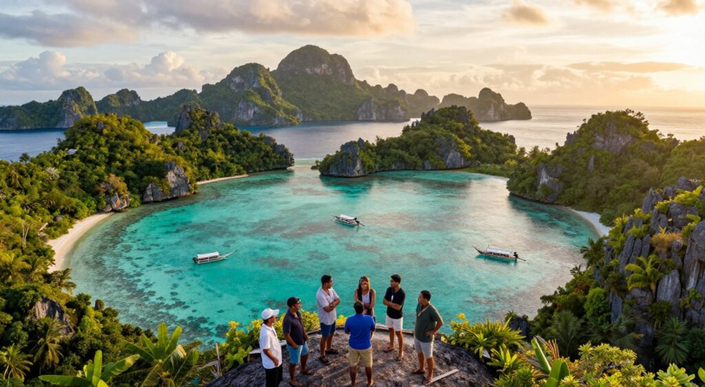 A breathtaking aerial view of Raja Ampat's stunning islands, showcasing crystal-clear turquoise waters and lush green tropical landscapes. In the foreground, a small group of travelers in modest casual clothing gather around a local guide, discussing their customized tour options. The middle ground features traditional wooden boats anchored in the serene bay, with vibrant coral reefs visible beneath the water's surface. The background is adorned with jagged limestone cliffs rising majestically from the sea, bathed in the golden light of the setting sun, creating a warm and inviting atmosphere. Capture this scene with a wide-angle lens to emphasize the vastness of the landscape, creating a mood of adventure and tranquility in a pristine paradise, perfect for exploring customized Raja Ampat tours.