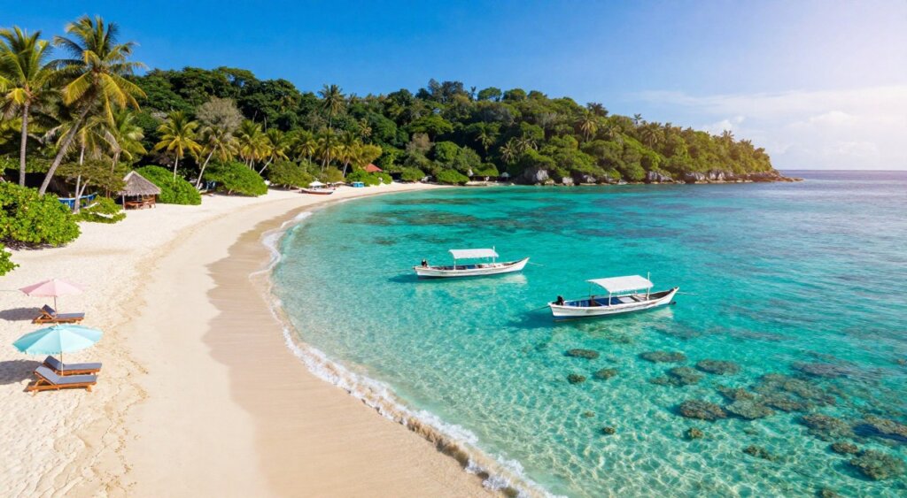 A breathtaking aerial view of the Gili Islands during the best time to visit, capturing vibrant turquoise waters and lush green landscapes. In the foreground, a pristine sandy beach with gentle waves lapping at the shore, dotted with a few sun loungers and umbrellas in light pastel colors. In the middle ground, small traditional wooden boats gently sway in the crystal-clear water, surrounded by vibrant coral reefs visible beneath the surface. The background features lush tropical foliage and palm trees under a clear, vibrant blue sky. Soft sunlight filters through, casting a warm, inviting glow on the scenery. The image evokes a sense of tranquility and allure, ideal for showcasing the enchanting beauty of the Gili Islands in a professional photojournalism style. A breathtaking aerial view of the Gili Islands during the best time to visit, capturing vibrant turquoise waters and lush green landscapes. In the foreground, a pristine sandy beach with gentle waves lapping at the shore, dotted with a few sun loungers and umbrellas in light pastel colors. In the middle ground, small traditional wooden boats gently sway in the crystal-clear water, surrounded by vibrant coral reefs visible beneath the surface. The background features lush tropical foliage and palm trees under a clear, vibrant blue sky. Soft sunlight filters through, casting a warm, inviting glow on the scenery. The image evokes a sense of tranquility and allure, ideal for showcasing the enchanting beauty of the Gili Islands in a professional photojournalism style.