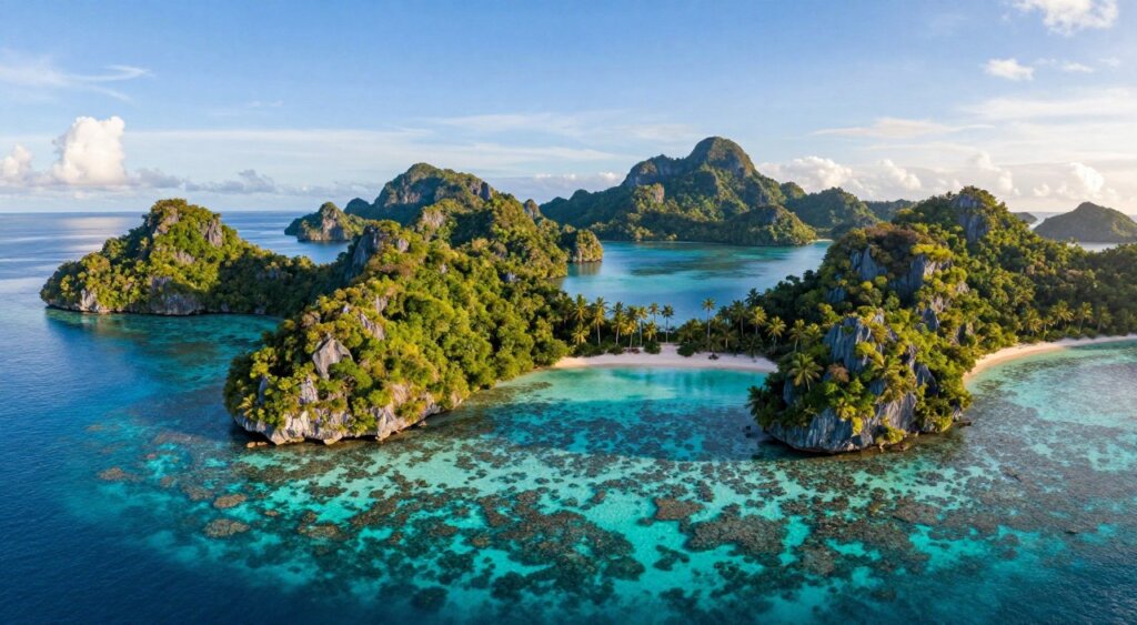 A breathtaking aerial view of the Raja Ampat Islands during the best visiting season, showcasing vibrant turquoise waters and lush green islands under a clear blue sky. In the foreground, vivid coral reefs are visible beneath the crystal-clear water, teeming with colorful marine life. The middle layer features the unique karst formations and sandy beaches dotted with palm trees, reflecting a tropical paradise atmosphere. In the background, distant islands fade into the horizon, enveloped in soft, warm sunlight. The image should capture the tranquil mood of a perfect day in this pristine location, with natural colors popping. The scene should evoke a sense of adventure and serenity, resembling National Geographic's photojournalism style, with natural lighting, a wide-angle perspective, and a high level of detail. No human figures are present in the composition. A breathtaking aerial view of the Raja Ampat Islands during the best visiting season, showcasing vibrant turquoise waters and lush green islands under a clear blue sky. In the foreground, vivid coral reefs are visible beneath the crystal-clear water, teeming with colorful marine life. The middle layer features the unique karst formations and sandy beaches dotted with palm trees, reflecting a tropical paradise atmosphere. In the background, distant islands fade into the horizon, enveloped in soft, warm sunlight. The image should capture the tranquil mood of a perfect day in this pristine location, with natural colors popping. The scene should evoke a sense of adventure and serenity, resembling National Geographic's photojournalism style, with natural lighting, a wide-angle perspective, and a high level of detail. No human figures are present in the composition.