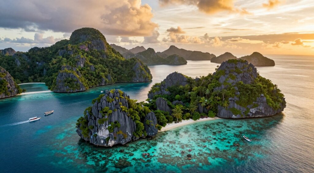 A breathtaking aerial view of the Raja Ampat islands, showcasing their striking limestone karsts jutting out of teal waters. In the foreground, vibrant coral reefs are visible beneath the crystal-clear surface, teeming with colorful marine life. The middle ground features several lush, green islands covered in tropical vegetation, while a few small boats navigate the serene waters, hinting at an adventure awaiting divers. In the background, a dramatic sunset bathes the scene in warm golden light, enhancing the tranquility of this remote paradise. Capture the sense of wonder and exploration that defines this unique dive destination, ensuring a professional photojournalism style reminiscent of National Geographic. Focus on clarity and vibrant colors to illustrate the rich biodiversity and stunning geography of Raja Ampat. A breathtaking aerial view of the Raja Ampat islands, showcasing their striking limestone karsts jutting out of teal waters. In the foreground, vibrant coral reefs are visible beneath the crystal-clear surface, teeming with colorful marine life. The middle ground features several lush, green islands covered in tropical vegetation, while a few small boats navigate the serene waters, hinting at an adventure awaiting divers. In the background, a dramatic sunset bathes the scene in warm golden light, enhancing the tranquility of this remote paradise. Capture the sense of wonder and exploration that defines this unique dive destination, ensuring a professional photojournalism style reminiscent of National Geographic. Focus on clarity and vibrant colors to illustrate the rich biodiversity and stunning geography of Raja Ampat.