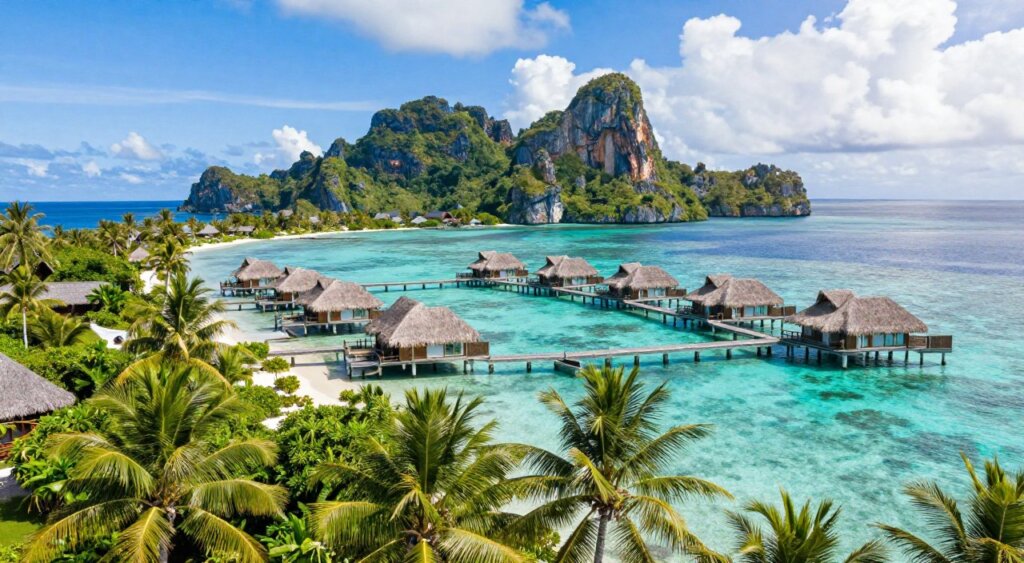 A breathtaking aerial view of the Wai Resort in Raja Ampat, showcasing its stunning overwater villas surrounded by crystal-clear turquoise waters. In the foreground, lush tropical greenery frames the resort, with palm trees gently swaying in the breeze. The middle ground features the elegant villas with thatched roofs, designed harmoniously with nature, connected by wooden walkways. In the background, the majestic limestone cliffs rise dramatically from the ocean, under a bright blue sky scattered with fluffy white clouds. Soft sunlight bathes the scene, enhancing the vibrant colors of the landscape. The atmosphere is tranquil and luxurious, inviting relaxation and escape. This image captures the essence of a premier luxury retreat in paradise, embodying serenity and natural beauty.