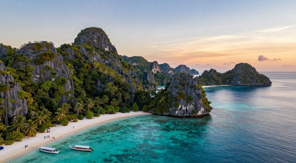 A breathtaking aerial view of the stunning Raja Ampat archipelago, featuring the iconic limestone formations of Wayag, lush green landscapes of Misool, and the serene turquoise waters surrounding Kri Island. The foreground captures small boats gently moored near a secluded beach, with travelers in casual clothing exploring the vibrant coral reefs beneath the surface. In the middle, display the steep cliffs and rocky outcrops typical of the islands, with dense jungle foliage adding depth to the scene. The background shows the vast, clear sky at sunset, casting warm golden and orange hues over the water, creating a tranquil and inviting atmosphere. The image should evoke a sense of adventure and natural beauty, with a focus on realistic detail and vibrant colors, akin to a high-quality National Geographic photograph.